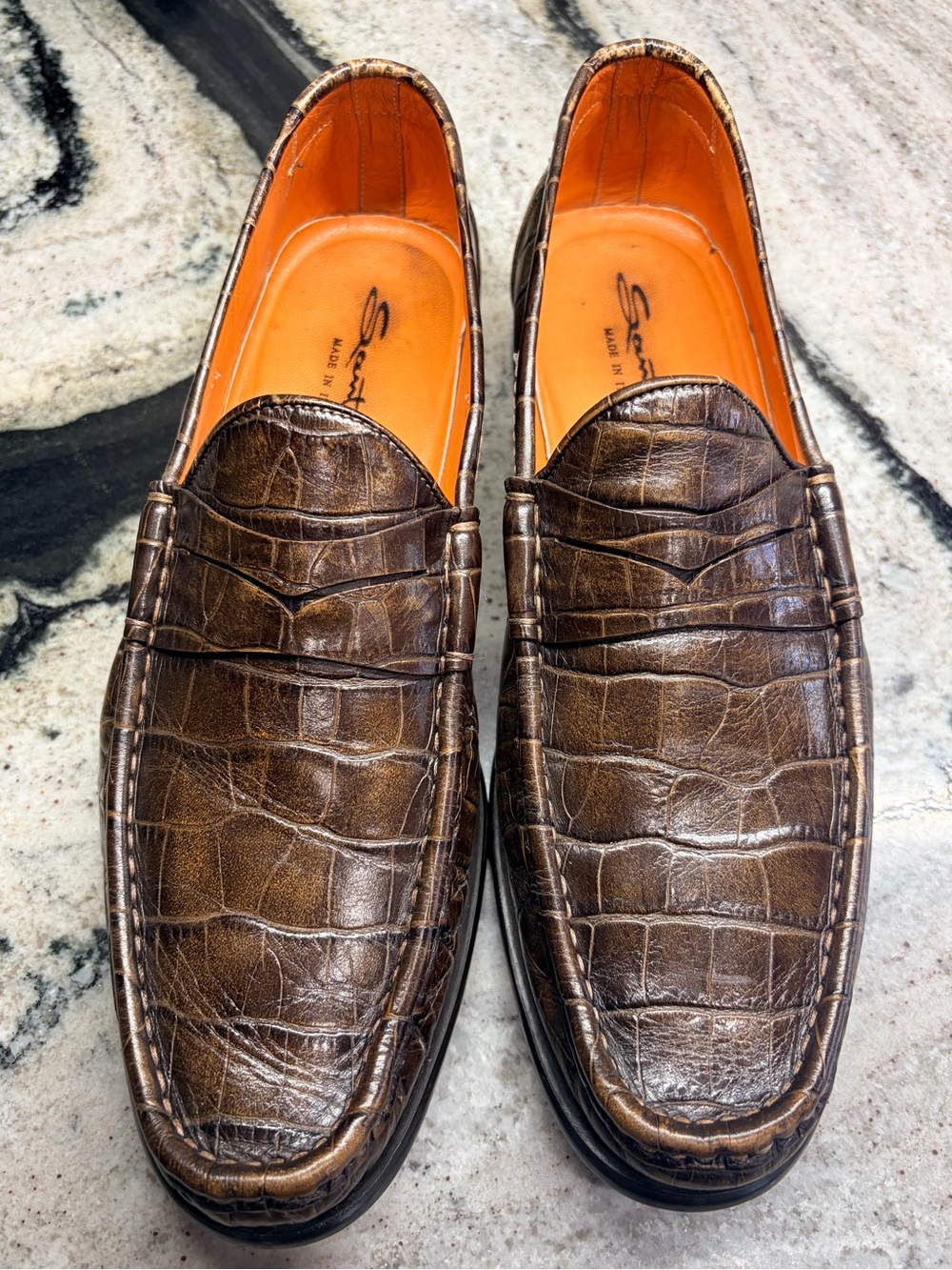 Santoni Croc Embossed Penny Loafers Brown Leather US 10 UK 9.5 Italy - Picture 3 of 11